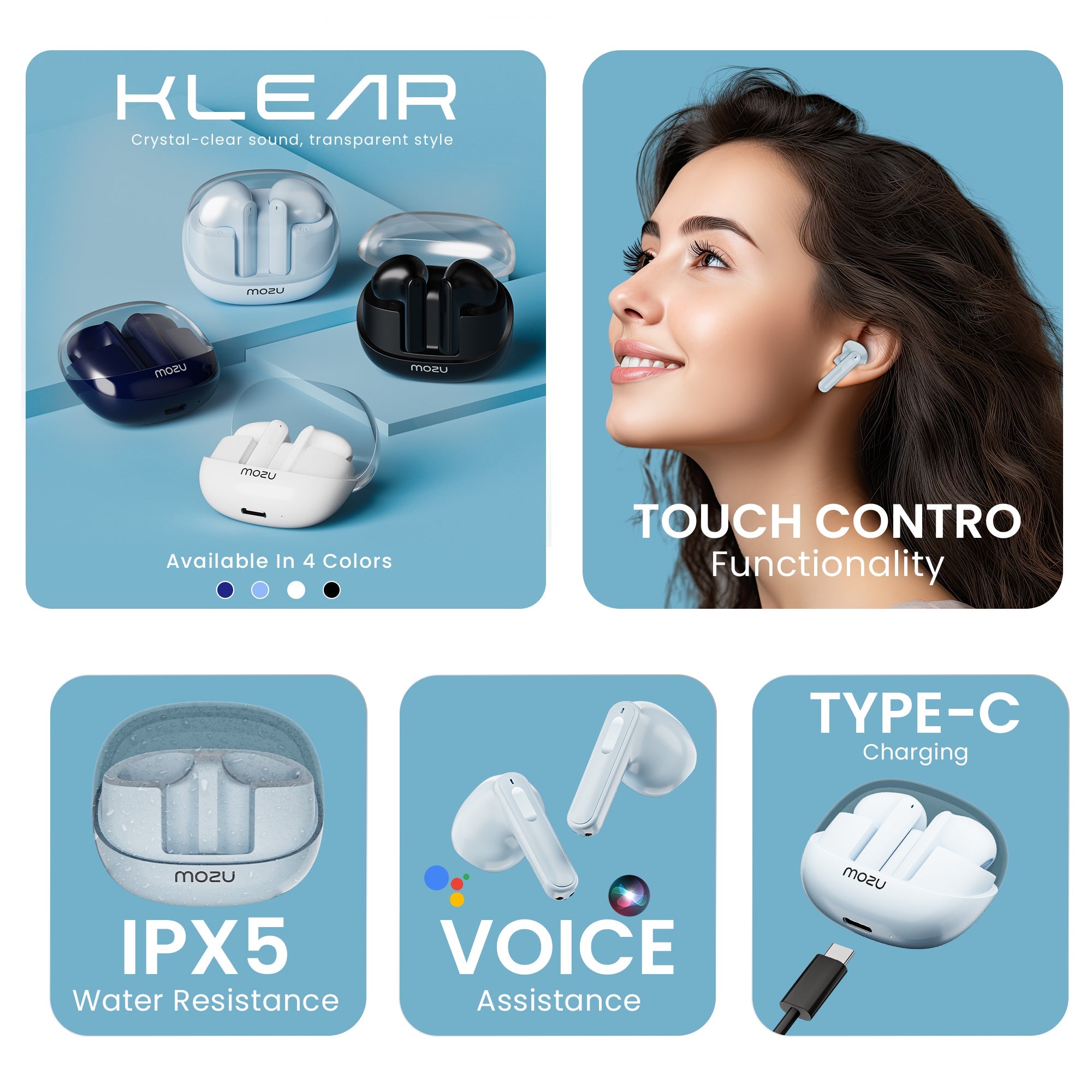 Flexibuds Klear Earbuds with ENC, MEMS Mic, Game Mode, Low Latency, Transparent Design - Mozu