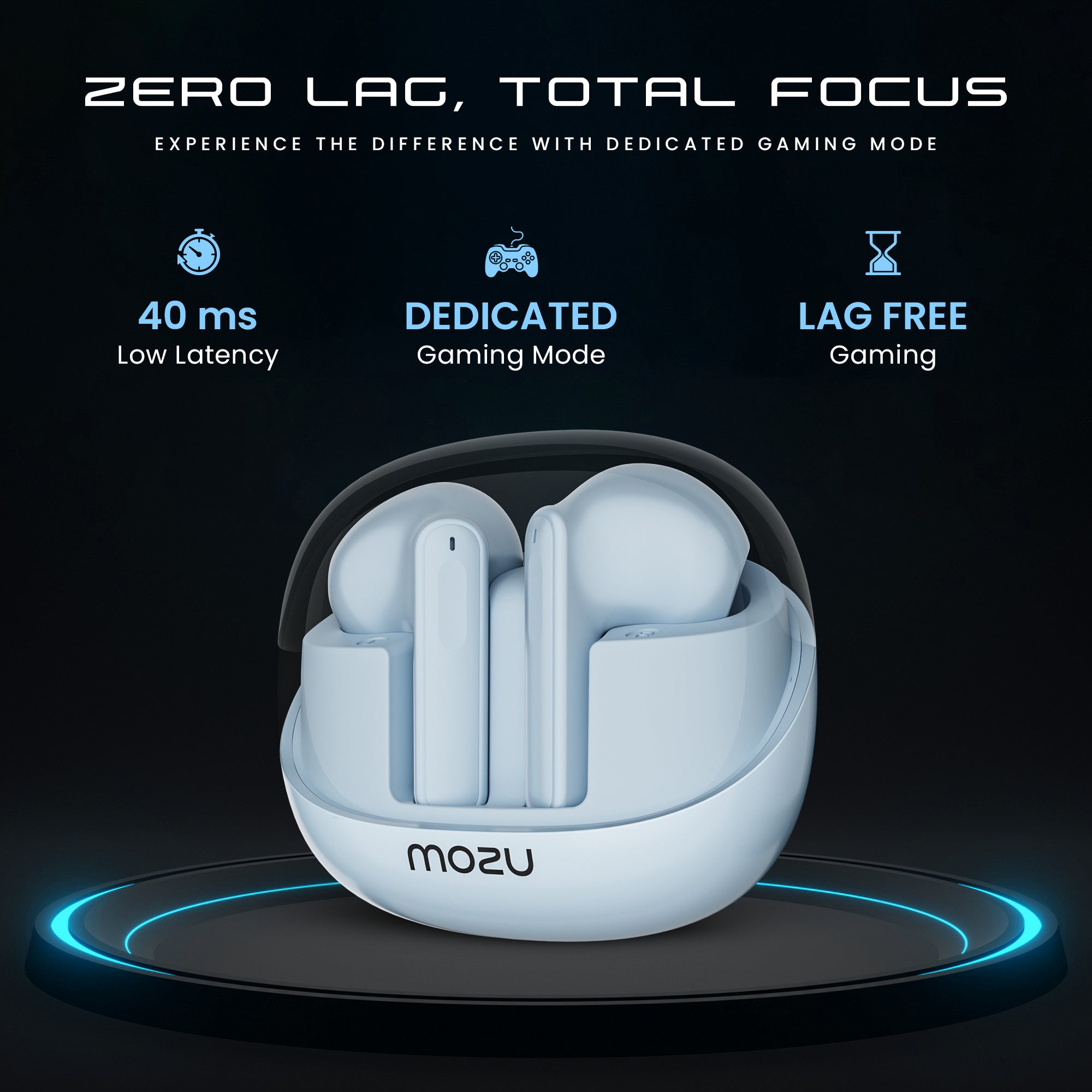 Flexibuds Klear Earbuds with ENC, MEMS Mic, Game Mode, Low Latency, Transparent Design - Mozu